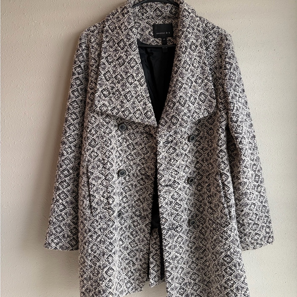 Hinge Black and White Geometric Pea Coat